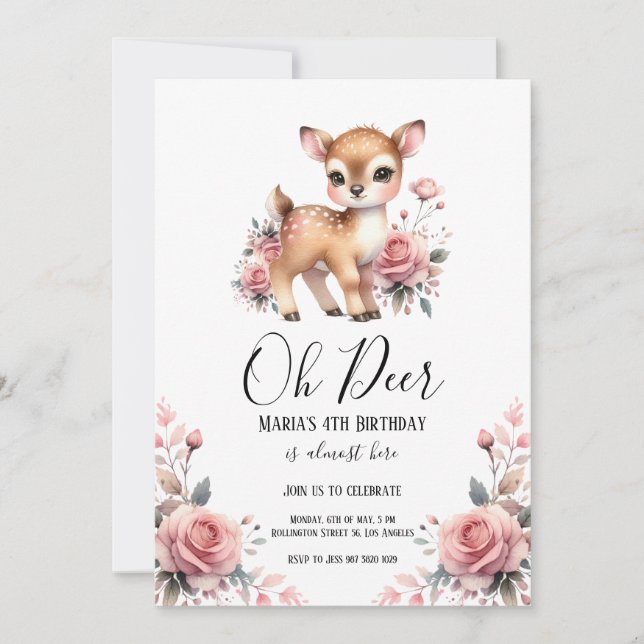 Oh Deer Watercolor Roses Birthday Party Invitation (Front)