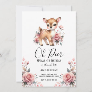 Oh Deer Watercolor Roses Birthday Party Invitation
