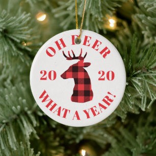 Oh Deer What a Year 2020 Buffalo Plaid Christmas Ceramic Ornament