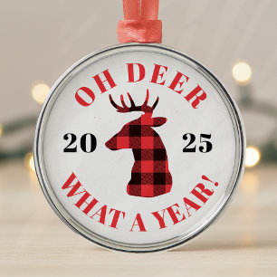 Oh Deer What a Year 2025 Buffalo Plaid Christmas Metal Ornament