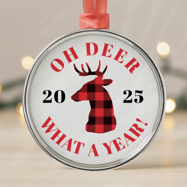 Oh Deer What a Year 2025 Buffalo Plaid Christmas Metal Ornament (Creator Uploaded)