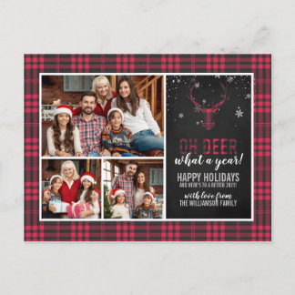 Oh Deer What A Year! | 3 Photo Plaid Holiday Photo Postcard