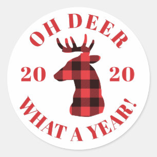 Oh Deer What a Year Buffalo Plaid 2020 Holidays Classic Round Sticker