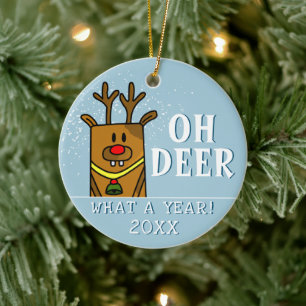 Oh Deer What a Year Cartoon Deer Drawing  Ceramic Ornament