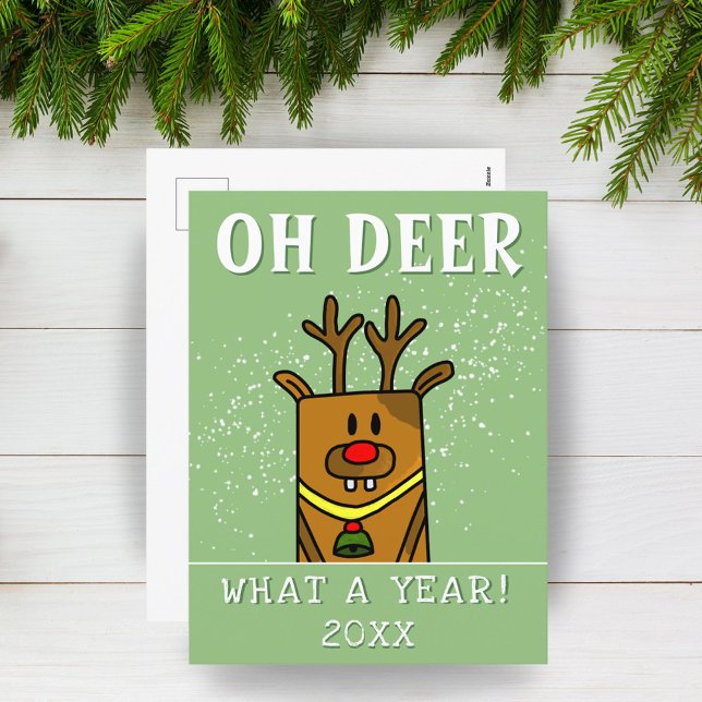 Oh Deer What a Year Cartoon Deer Drawing Holiday Postcard (Creator Uploaded)