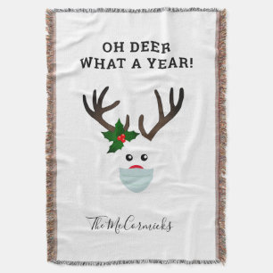 Oh Deer What A Year Christmas Reindeer Family Name Throw Blanket