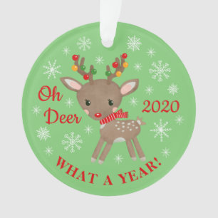 Oh Deer What A Year Cute Reindeer Christmas Green Ornament