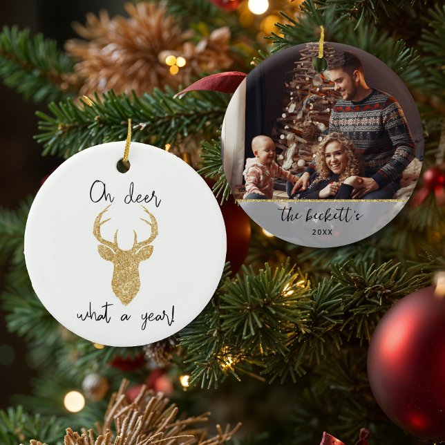 Oh Deer, What A Year! Funny Christmas Custom Photo Ceramic Ornament (Creator Uploaded)