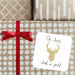 Oh Deer, What A Year! Funny Christmas Holiday Square Sticker<br><div class="desc">Send out this year's holiday greetings in style with these unique and funny holiday stickers. The design features a gold glitter dear with the wording "Oh deer, what a year!". These stickers can be used as Christmas card envelope seals, Christmas gift tags, holiday party favour stickers, and much, much more!...</div>