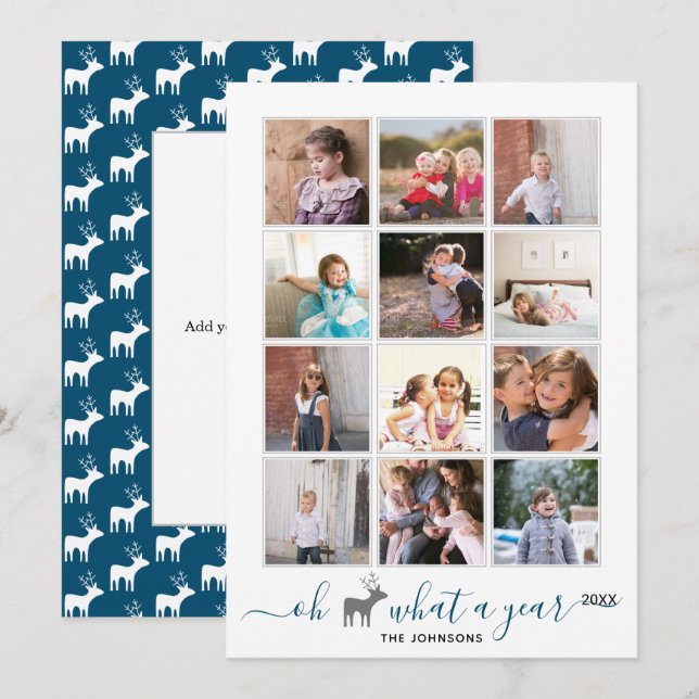 Oh deer what a year in review photo collage blue holiday card (Front/Back)