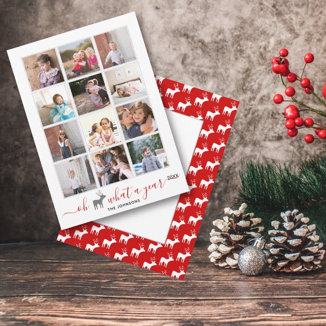 Oh deer what a year in review photo collage red holiday card (Creator Uploaded)