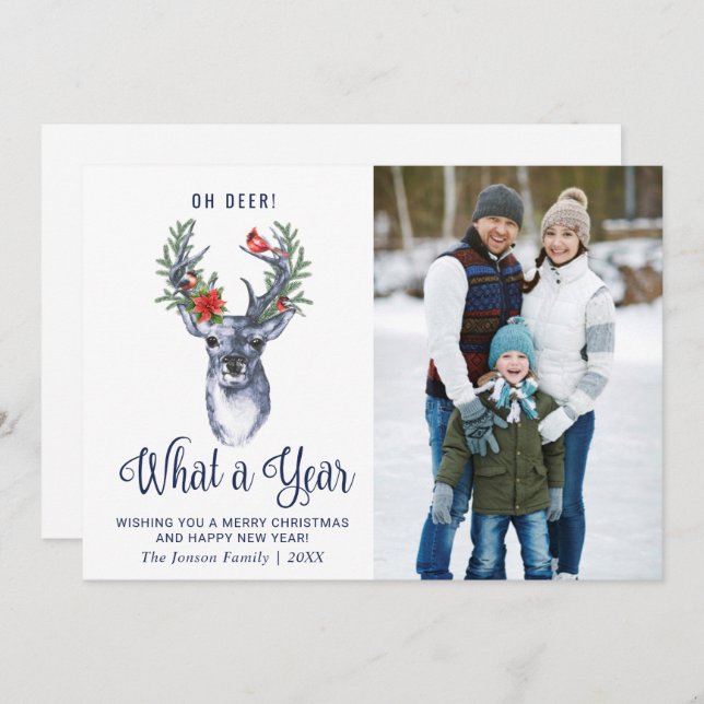 Oh Deer What a Year Merry Christmas Greeting PHOTO Holiday Card (Front/Back)