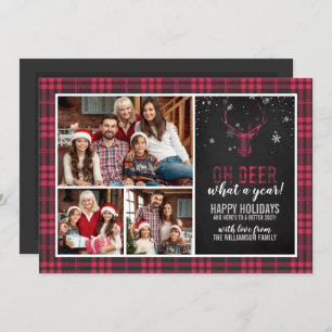 Oh Deer What A Year!   Red Plaid 3 Photo Christmas Invitation