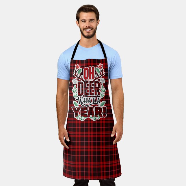 OH DEER What a Year Red Tartan Plaid Holiday Apron (Worn)