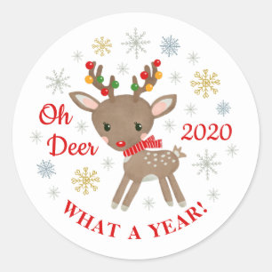 Oh Deer What A Year Reindeer Christmas Holiday Classic Round Sticker
