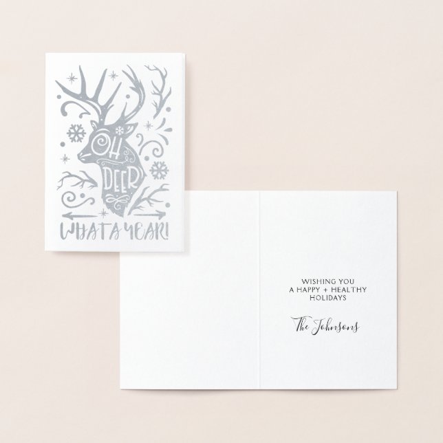 Oh Deer What a Year Reindeer Christmas Silver Foil Foil Card (Display)