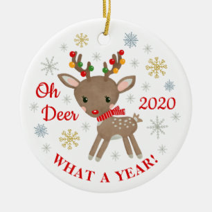 Oh Deer What A Year Reindeer Cute Christmas Ceramic Ornament