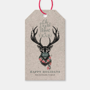 Oh Deer What a Year Reindeer Face Mask Candy Plaid Gift Tags