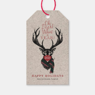 Oh Deer What a Year! Reindeer Face Mask Red Plaid Gift Tags