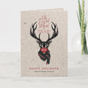 Oh Deer What a Year! Reindeer Plaid Scarf & Mask Holiday Card