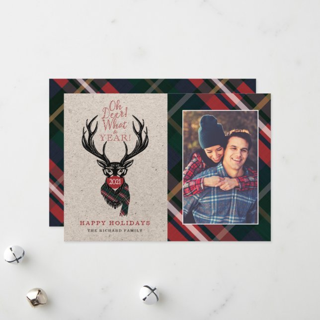 Oh Deer What a Year! Reindeer Plaid Scarf & Mask Holiday Card (Front/Back In Situ)