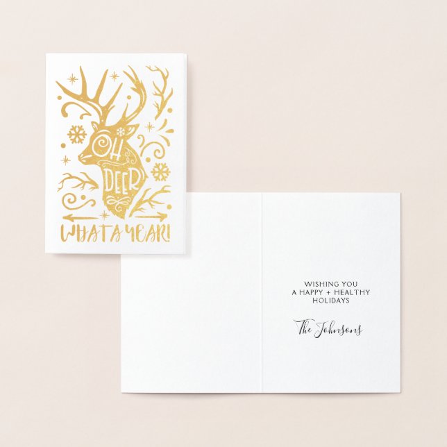 Oh Deer What a Year Reindeer Typography Christmas Foil Card (Display)