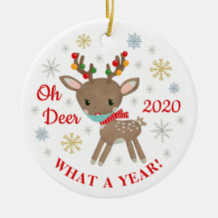 Oh Deer What A Year Reindeer With Mask Christmas Ceramic Ornament