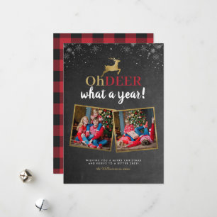 Oh Deer What A Year! Tartan Chalkboard 2 Photo Holiday Card