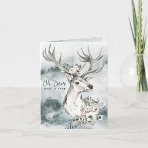 Oh Deer, What a Year   Watercolor Deer w/ Flowers Holiday Card