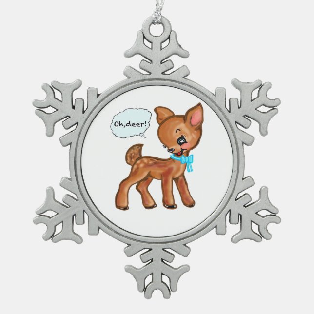 Oh Deer Whimsical Forest Vibe  Snowflake Pewter Christmas Ornament (Front)
