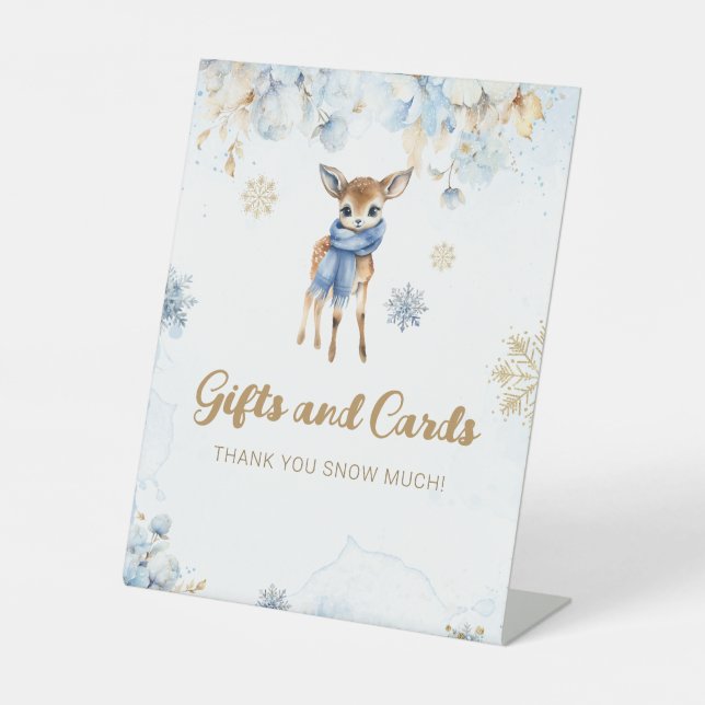 Oh Deer Winter Baby Boy Shower Gift Card Pedestal Sign (Front)