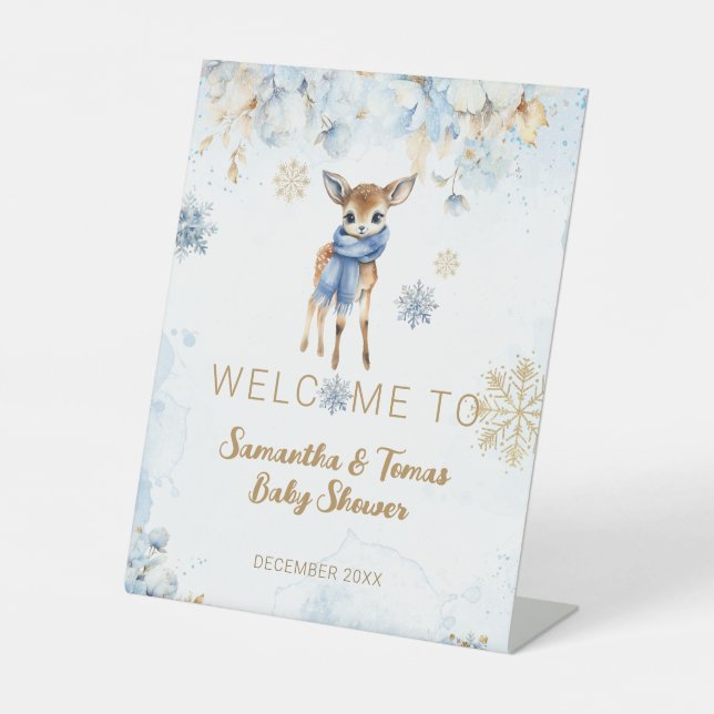 Oh Deer Winter Baby Boy Shower Welcome Pedestal Sign (Front)