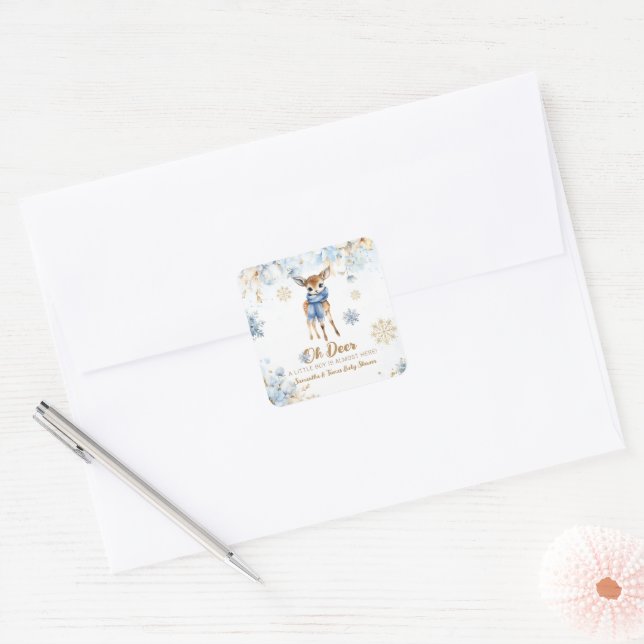 Oh Deer Winter Baby Boy Shower Welcome Square Sticker (Envelope)