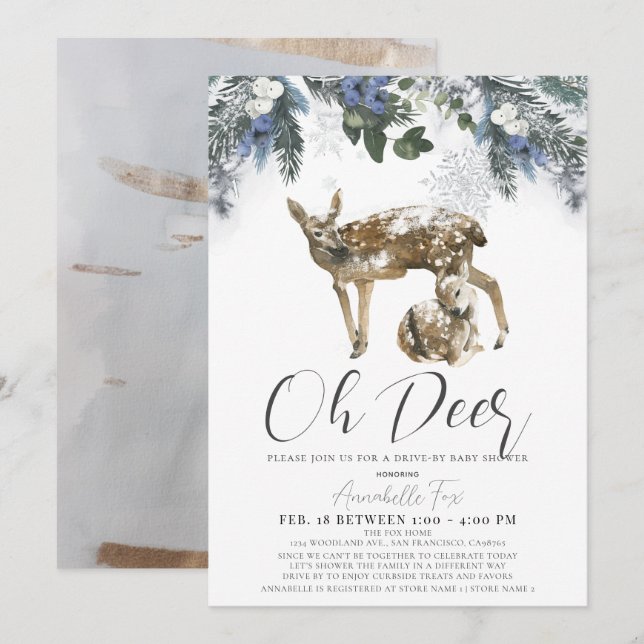 Oh Deer Winter Foliage & Blueberries Baby Shower Invitation (Front/Back)