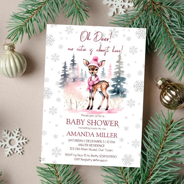 Oh deer winter girl baby shower template (Oh deer winter baby shower editable template invitation instant digital download cute deer in a hat)