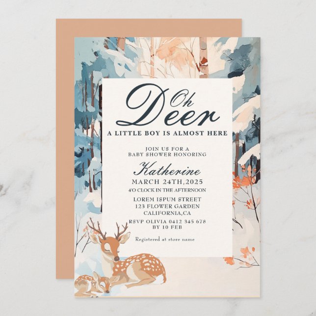 Oh Deer Winter Woodland Snowy Forest baby shower Invitation (Front/Back)