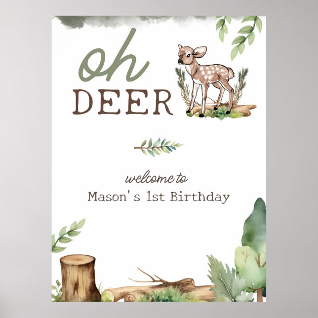 Oh Deer Woodland Baby Deer Birthday Welcome Sign (Front)