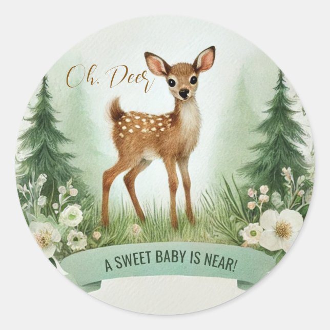 Oh, Deer! Woodland Baby Shower Party Classic Round Sticker (Front)