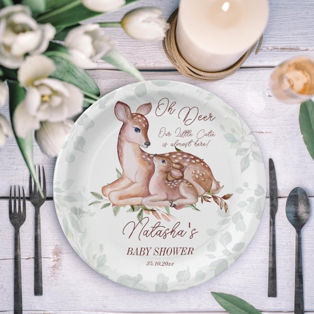 Oh deer woodlands baby shower  paper plate (Oh deer she's almost here woodlands baby shower tableware personalized plates doe and foal greenery)