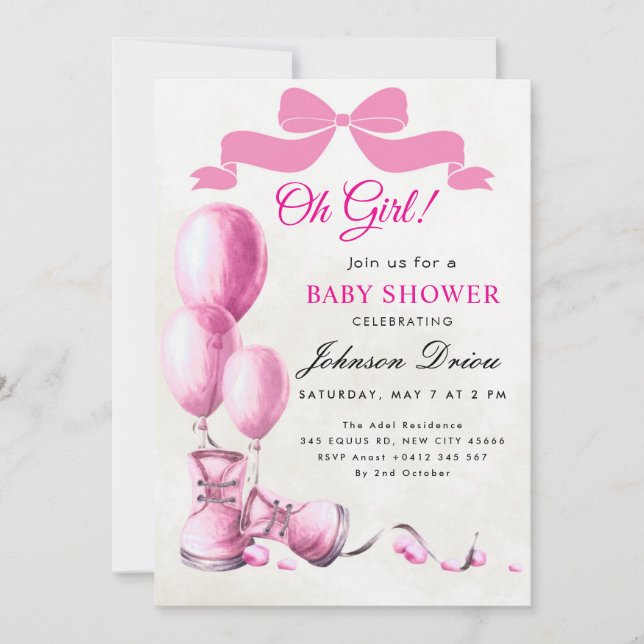 Oh Girl Baby Shower Invitation | Pink Watercolor  (Front)