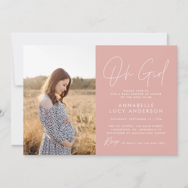 oh girl baby shower pink elegant  photo invitation (Front)