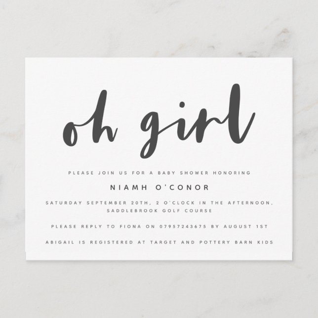 Oh girl baby shower postcard. invitation postcard (Front)