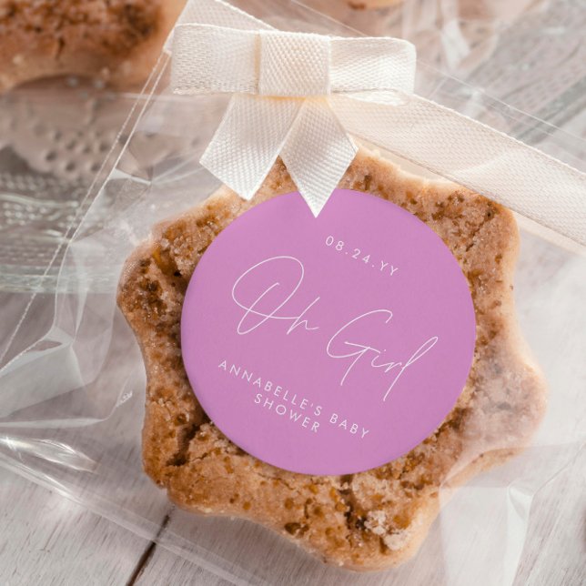 oh girl Baby shower script cerise pink elegant Classic Round Sticker (Creator Uploaded)