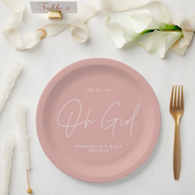 oh girl Baby shower script pink elegant  Paper Plate (Wedding)