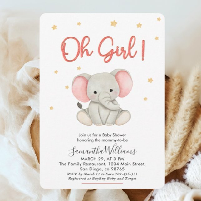 Oh Girl Blush Pink Baby Elephant Shower Invitation (Creator Uploaded)