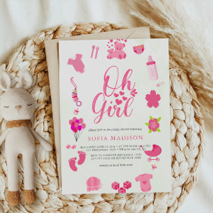 Oh Girl Cute Pink Frame Baby Shower Invitation