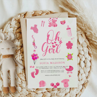 Oh Girl Cute Pink Frame Baby Shower Invitation