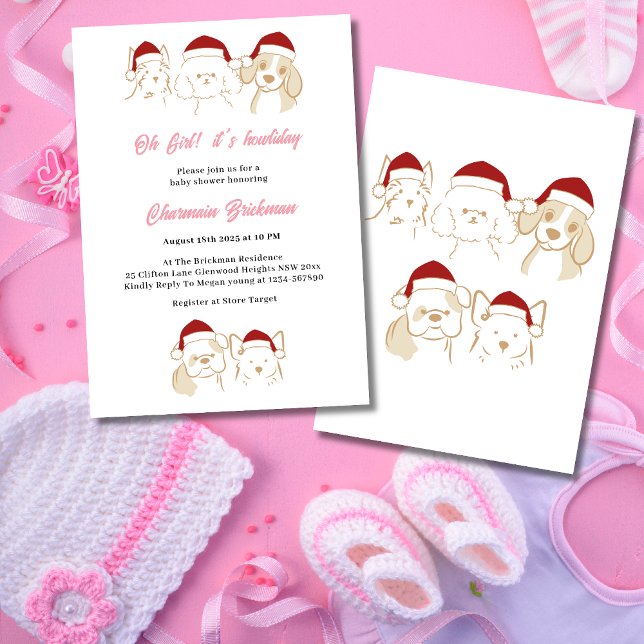 Oh Girl Cute Puppy Christmas Howliday Baby Shower Invitation (Creator Uploaded)