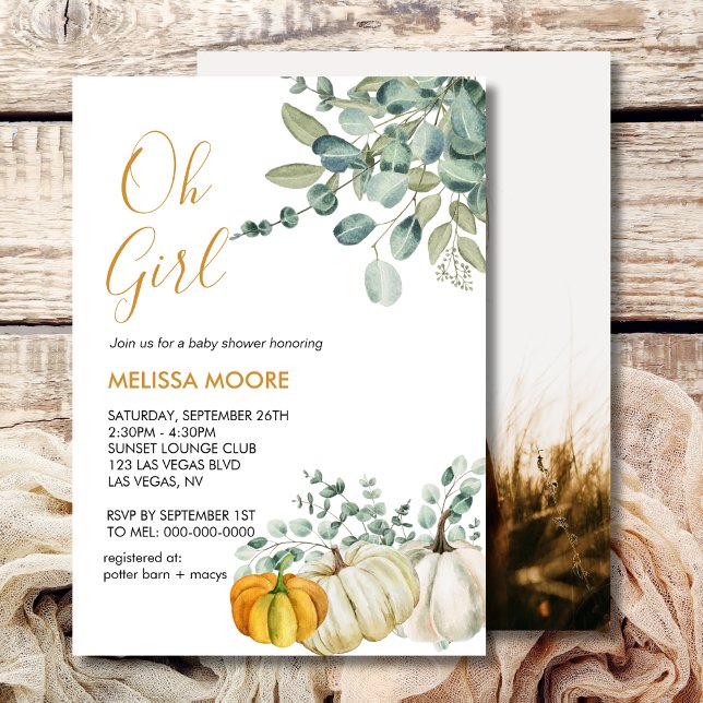 Oh girl fall pumpkin baby shower greenery photo invitation (Creator Uploaded)