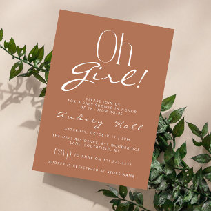 Oh Girl Minimalist Light Brown Pink Baby Shower Invitation